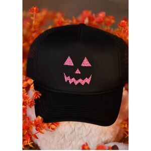 Pink glitter jack o lantern halloween trucker hat
